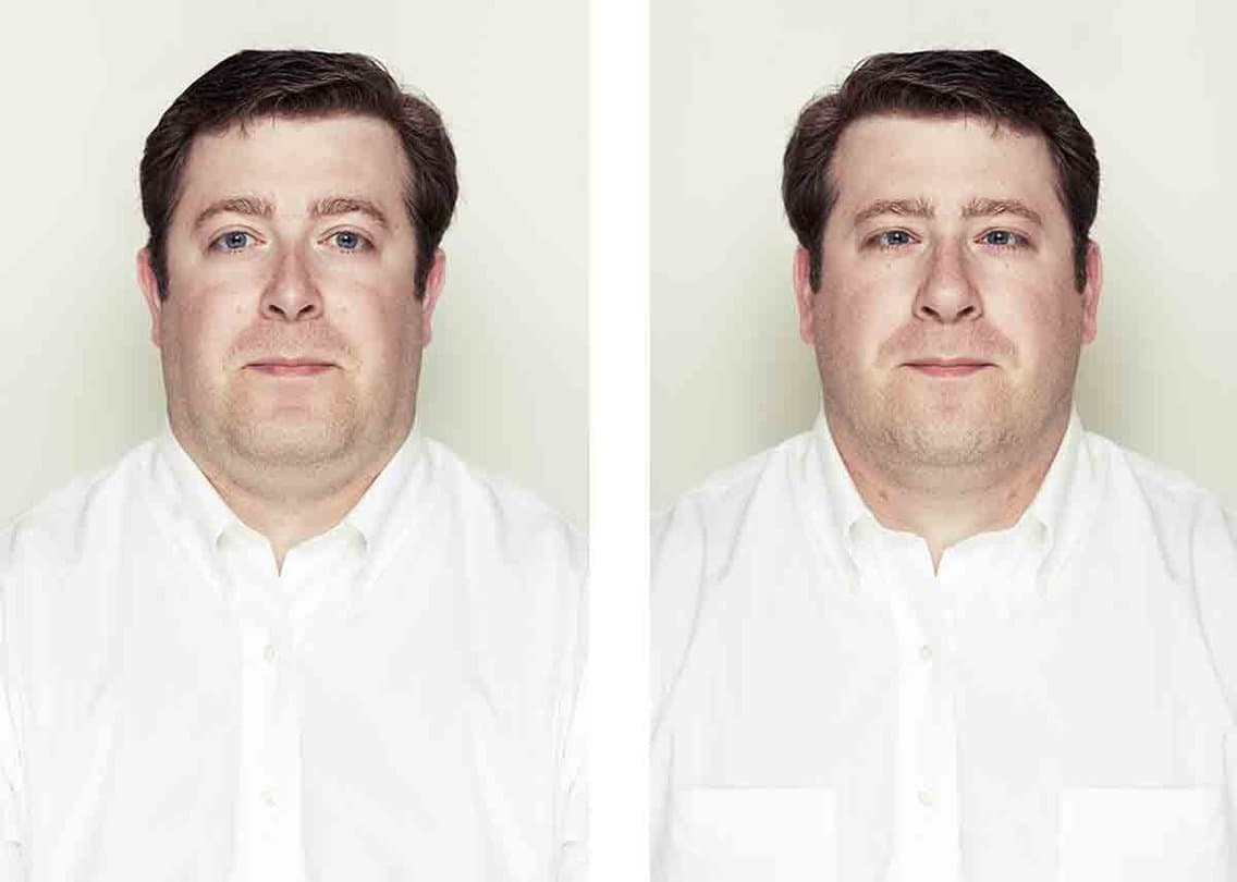 Beck took a portrait of each person and then divided it into the left and right side of the face. Then he mirrored each to create symmetrical portraits from each side.