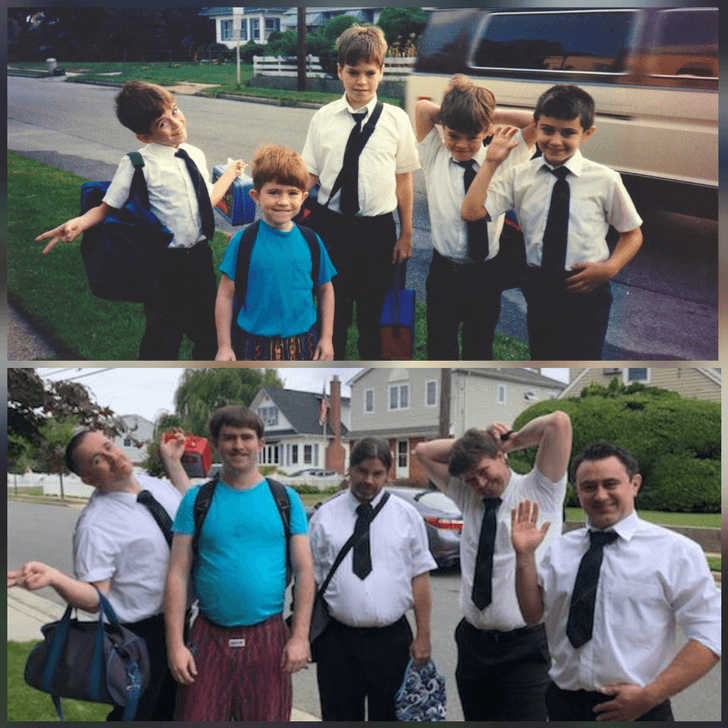 “For my mom’s sixtieth birthday, my brothers, my cousin, and I recreated a photo from my first day of kindergarten.”