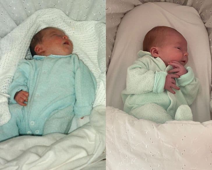 “My son and me, 27 years apart — same Moses blanket, basket, and onesie!”