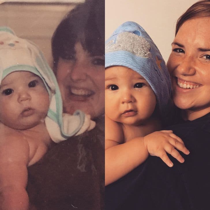 “My mother holding me (1989) vs me holding my son (2017)”