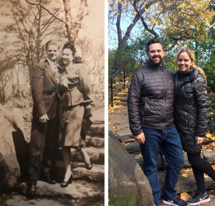 “My fiancé and I finally found the same spot in Central Park where my grandparents took this photo back in the ’40s.”