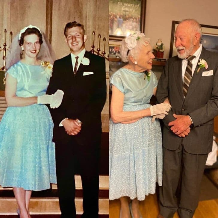 “Same wedding outfits 60 years later”