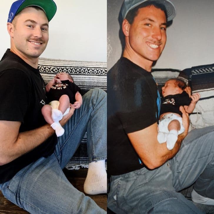 “Me with my newborn son, and my father holding me as a baby”