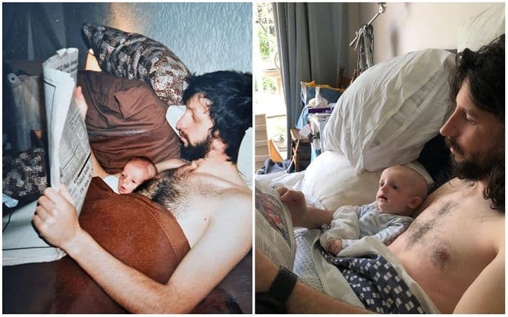 “Me reading the newspaper with my dad, circa 1989, and my daughter doing the same with me”