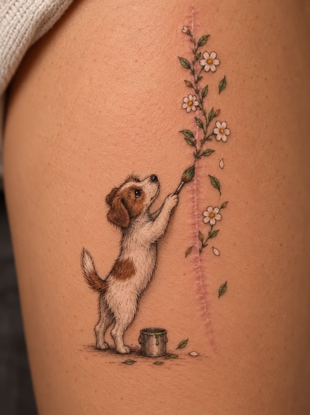 A Puppy Tends a Flowering Stem