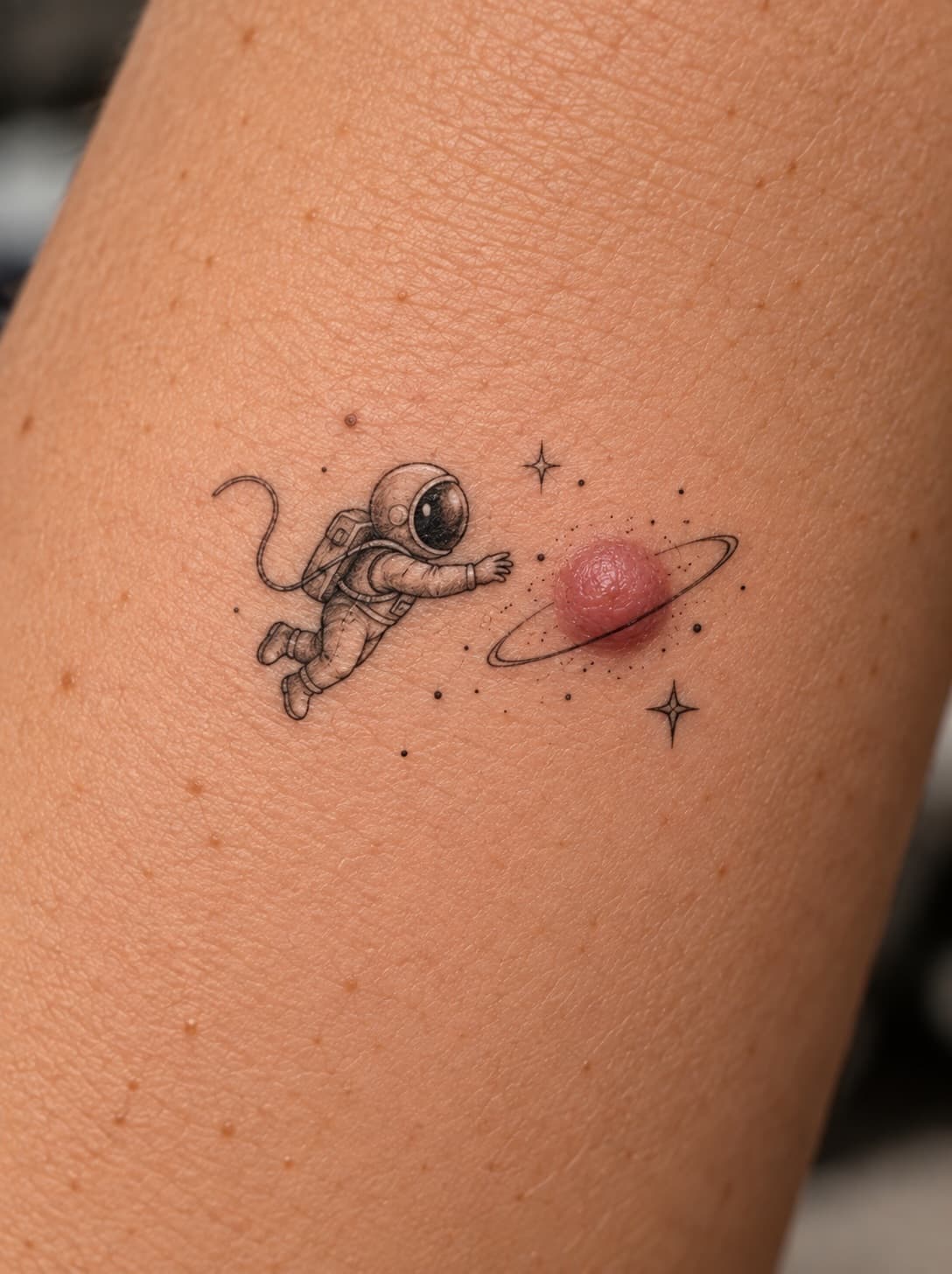 A Tiny Astronaut and a Ringed Planet