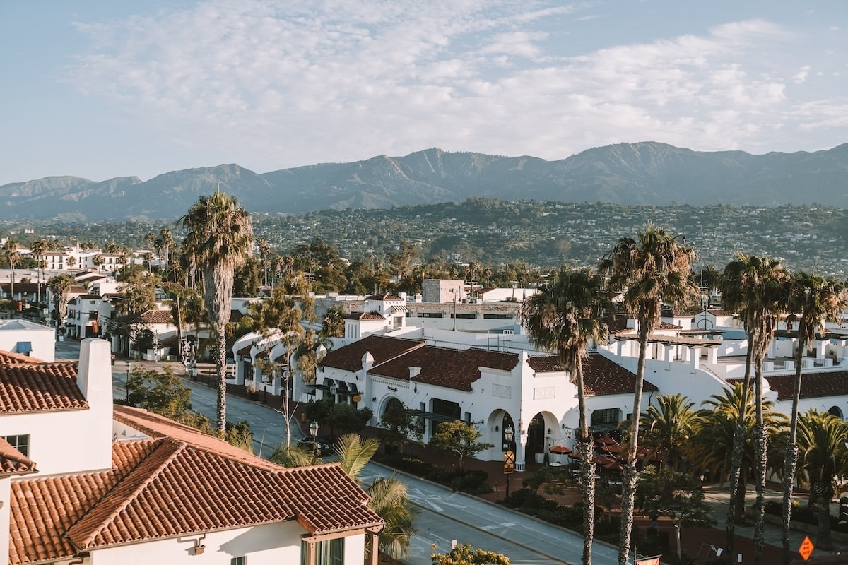 Overhead view of Santa Barbara's palm tree lined streets