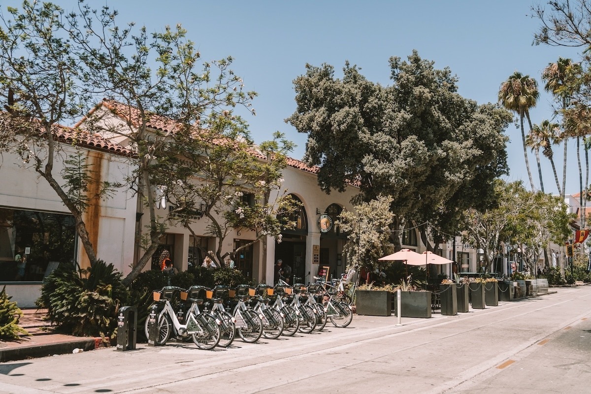 Row of bikes on State Street in Santa Barbara