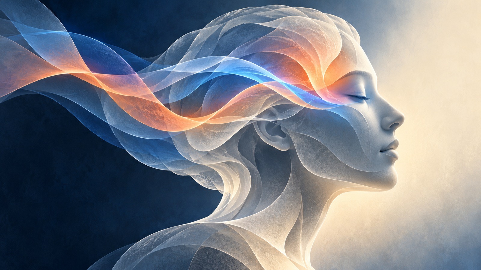 Conceptual illustration of a translucent human profile crossed by soft ribbons of light